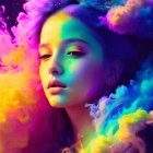 Vibrant multicolored smoke surrounds dreamy young person in vivid lighting