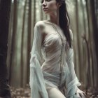 Woman in white dress with floral headpiece sitting in twilight forest