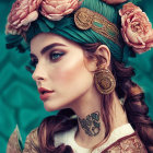 Woman with floral headband, tattoos, vintage jewelry on teal background