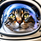 Cat's face in astronaut helmet with yellow eyes & fur pattern