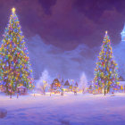 Snowy village at dusk with Christmas trees, lights, and castle under starry sky