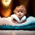 Curly-Haired Toddler in White Jacket on Teal Pillow with Golden and Pink Cushions