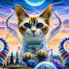 Surreal cat head with blue eyes in colorful swirls.