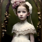 Young girl in vintage dress with floral decorations