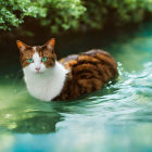 Fluffy Cat with Green Eyes in Sparkling Stream