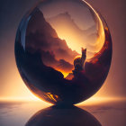 Cat silhouette in transparent sphere with mountain landscape & sunset.