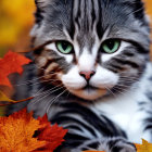 Striped Gray Cat Among Vibrant Autumn Leaves