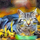 Vibrant Painting of Tabby Cat in Abstract Landscape