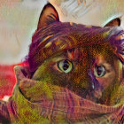 Detailed Illustration: Cat with Green Eyes in Colorful Knitted Hat & Scarf