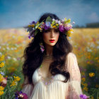 Woman in Floral Wreath Surrounded by Wildflowers and Colorful Sky