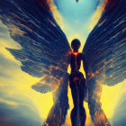 Fiery winged humanoid gazing at smaller being in vivid blue and orange backdrop