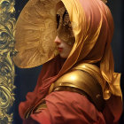 Red and Gold Costume with Circular Golden Headpiece and Textured Surface