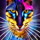 Vibrant multicolored cat with yellow eyes on blue and purple background