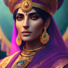 Regal Indian woman in traditional attire and jewelry with purple veil