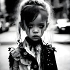 Monochrome image of young child with dramatic dark makeup and goth-like style