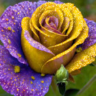 Intricate yellow and lavender rose with dewdrops