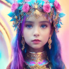 Young girl in floral crown and traditional attire with striking blue eyes in soft-focus setting