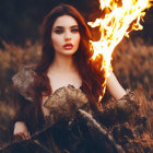 Woman in elegant dress with fiery red lips holding torch in amber field