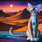 Striped cat by water's edge in vibrant digital painting