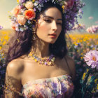 Young Woman in Floral Dress in Flower Field