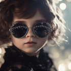 Young child in stylish sunglasses against bokeh lights