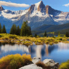 Tranquil mountain scene with reflective lake and forested terrain