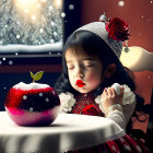 Young girl enjoys sweet treat with festive decor