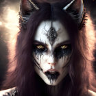 Fantasy creature with purple hair, yellow eyes, metallic horns, and mystical emblem on dark makeup against