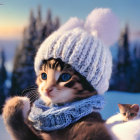 Animated kitten in white hat and blue scarf in snowy forest.