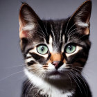 Black and white cat with green eyes and whiskers on grey background