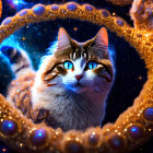 Majestic Cat with Blue Eyes in Cosmic Background