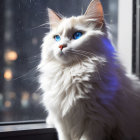 Fluffy Cat with Blue Eyes Gazing from a Window