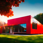 Contemporary Red House Amid Autumn Trees and Sunlight