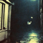 Cat walking under glowing streetlamp in wet alley at night with vintage buildings.