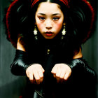 Young girl in dramatic outfit with bold accessories