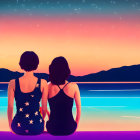 Two individuals in neon-lit setting admire sunset under starry sky