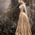 Graceful Woman in Golden Gown in Ethereal Landscape