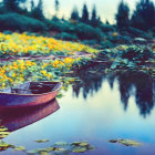 Serene Landscape with Wooden Boat and Vibrant Flora