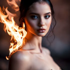 Striking woman with intense gaze and flame on shoulder in blurred background