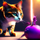 Stylized cat and teapot with dramatic lighting in whimsical scene