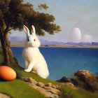 Surreal landscape with giant rabbit, egg, trees, water, and balloon