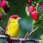 Colorful Bird on Branch with Green Leaves and Strawberries