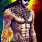 Muscular Figure in Ornate Attire with Vibrant Background