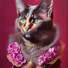 Majestic Feline Figure with Jewelry and Floral Necklaces