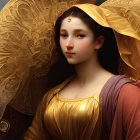 Serene Young Woman in Yellow Gown and Orange Veil