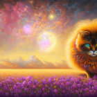 Large-eyed cat digital artwork on warm cityscape at sunset with German text