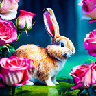 Orange and White Rabbit with Pink Roses on Blurred Blue Background