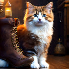 Fluffy Orange-and-White Cat Beside Vintage Boot