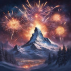 Mountain Peak with Colorful Fireworks at Twilight