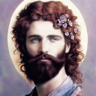 Portrait of a man with curly beard, halo, and flowers on purple background